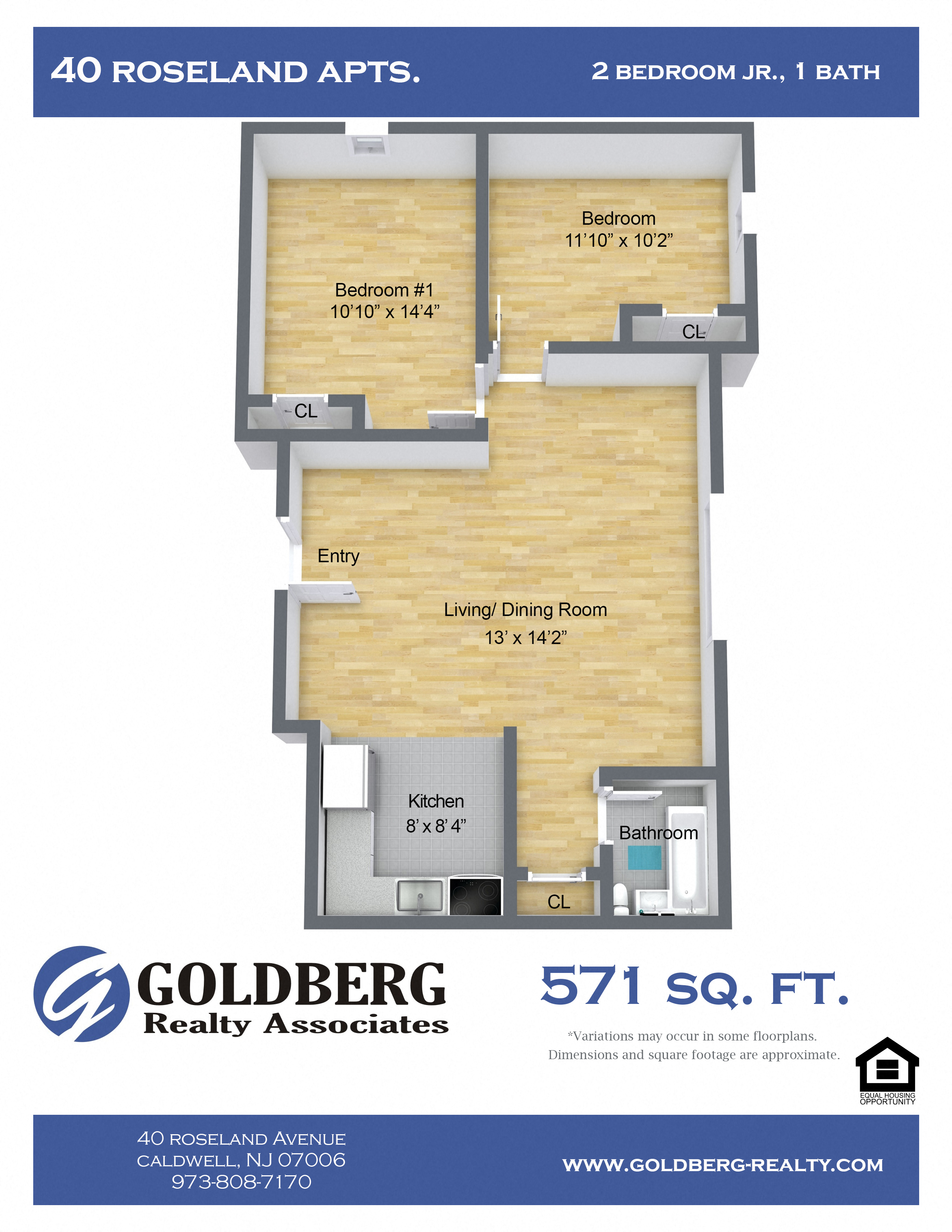 Floor plan for 2 beds, 1 bath, 571 sqft